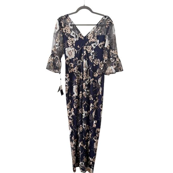 NWT Adrianna Papell Embroidered Floral Column Gown Maxi Dress Navy Blue Size 12 - Picture 7 of 11
